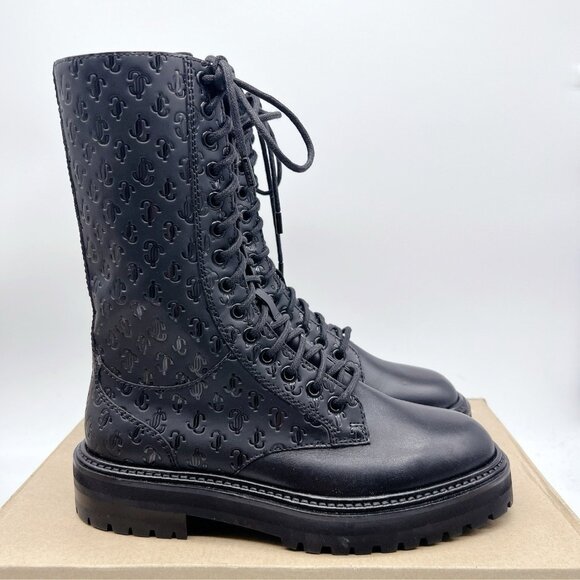 Jimmy Choo Cora Monogram Logo Debossed Combat Boots Black Leather EU 36.5 US 6.5 - Picture 1 of 9